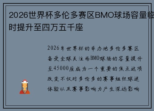 2026世界杯多伦多赛区BMO球场容量临时提升至四万五千座